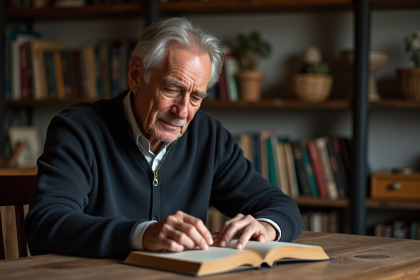 Homme âgé examine un livre de famille dans un intérieur chaleureux