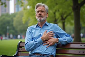 Homme d'âge moyen assis sur un banc dans un parc urbain