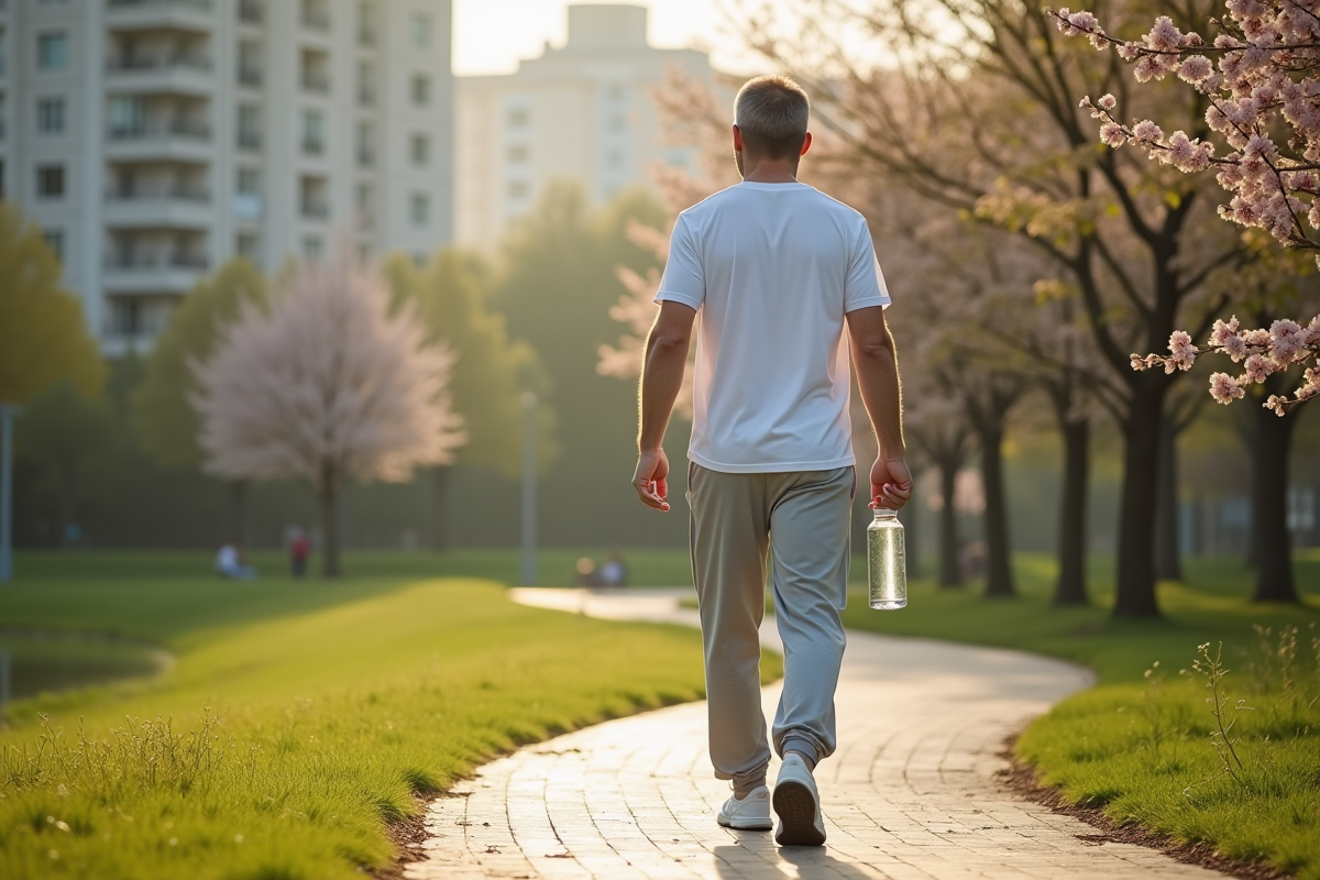 Homme en marche dans un parc urbain au matin