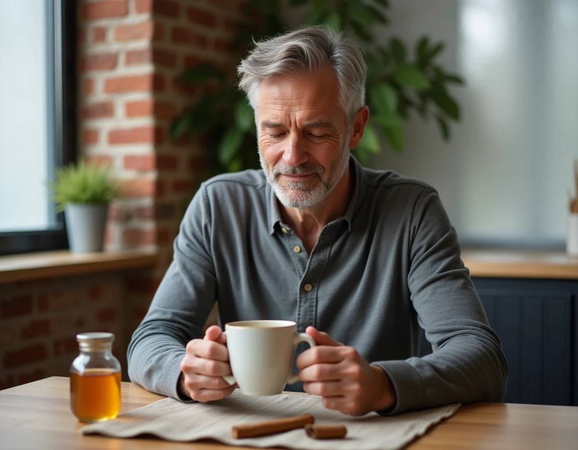Homme tenant une tasse d'eau de riz chaude avec du miel et de la cannelle sur une table de petit-d&eacute;jeuner en bois