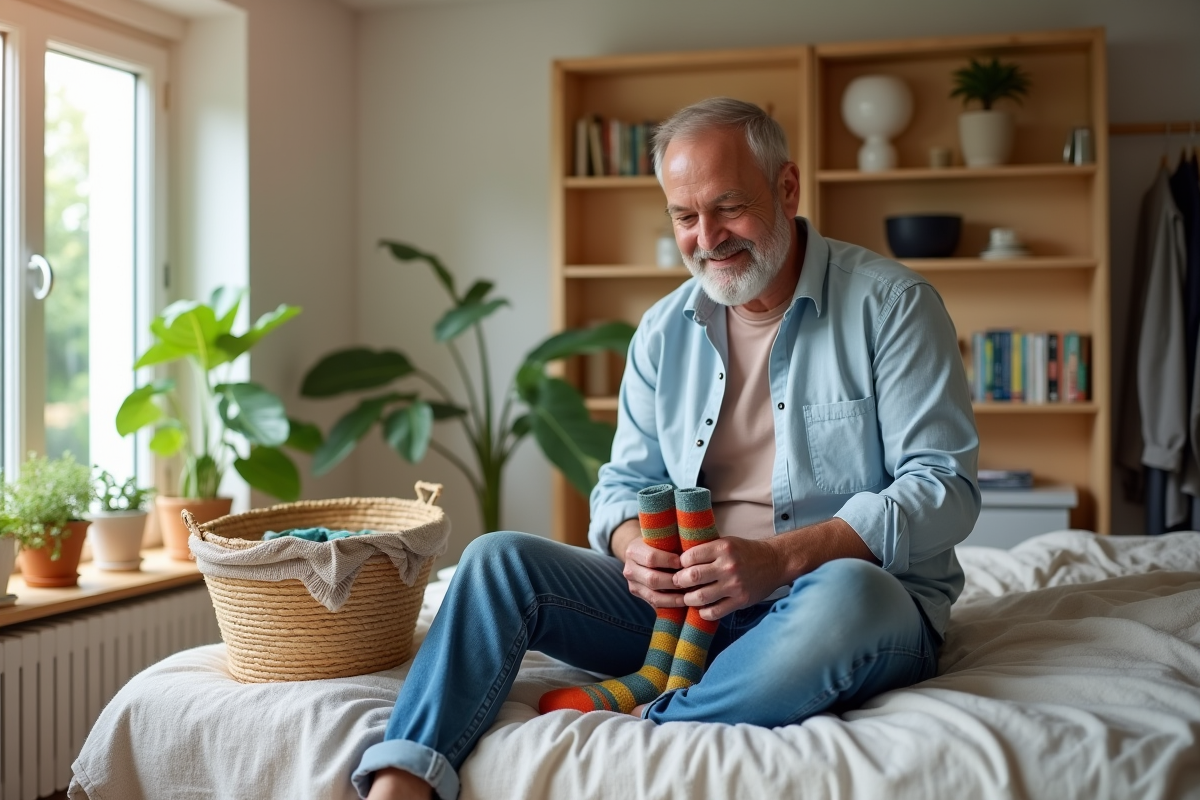Homme assis choisissant des chaussettes colorées dans la chambre