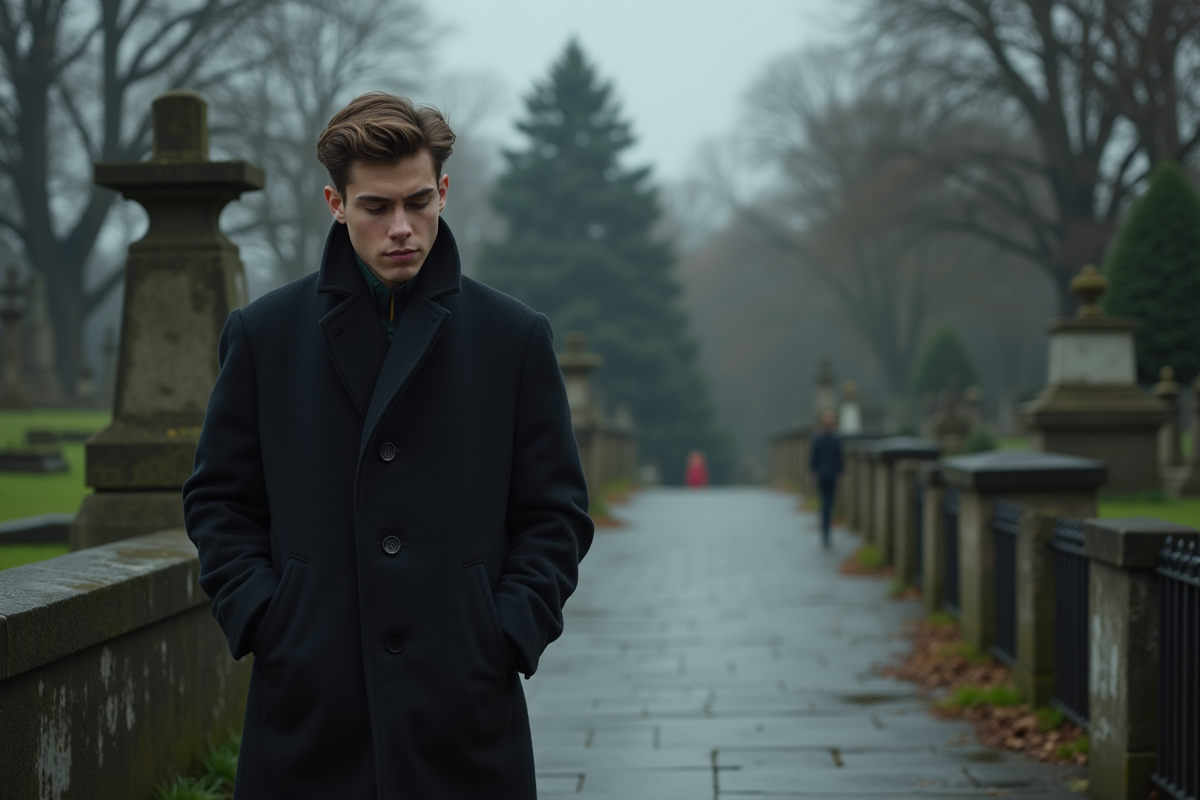 Jeune homme dans un cimetière en réflexion