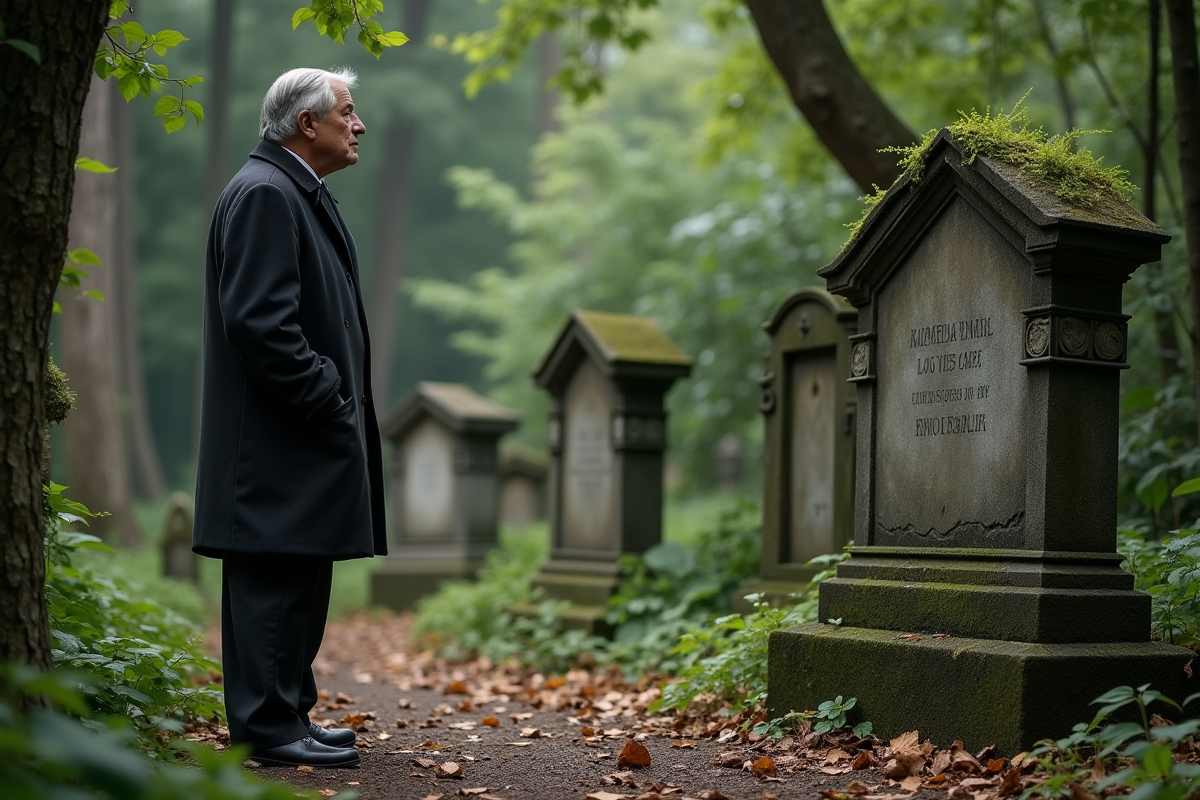 Homme regardant un monument funéraire dans un cimetière ancien