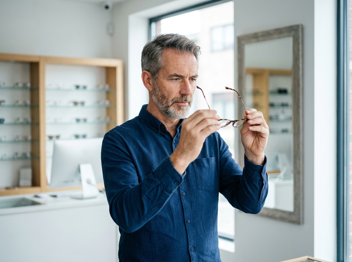 Homme dans la cinquantaine comparant deux montures de lunettes dans une boutique d'opticien, avec un air concentré et réfléchi