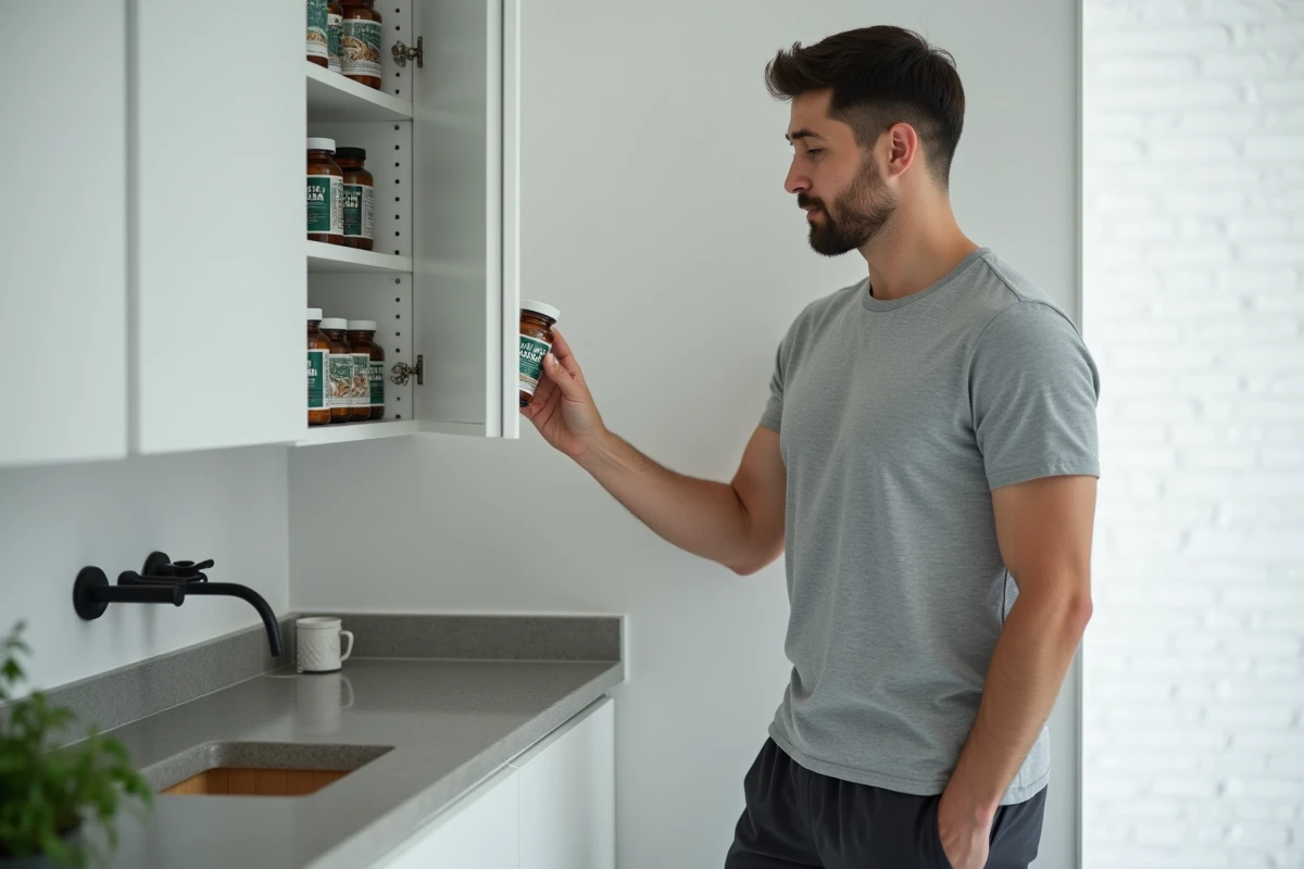 Homme lisant l'étiquette d'un complément probiotique dans une salle de bain moderne, guide pratique des probiotiques pour le syndrome de l'intestin irritable