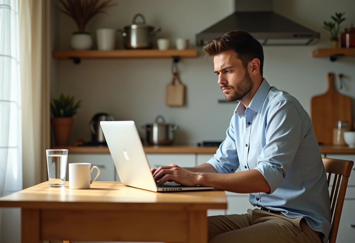 Jeune homme lisant ordinateur dans cuisine lumineuse