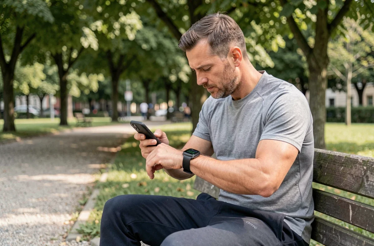 Homme actif consultant son application de suivi du diabète sur montre connectée dans un parc urbain