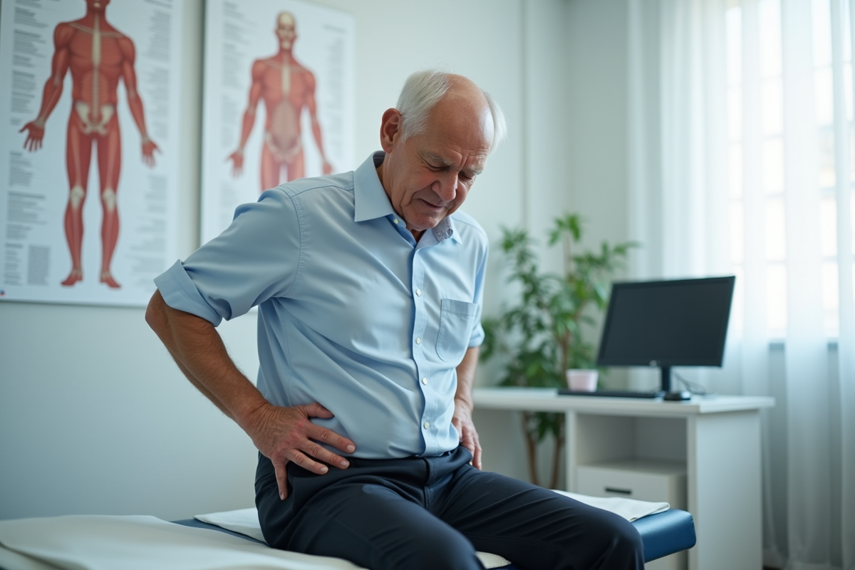 Homme âgé en consultation médicale pour mal de dos