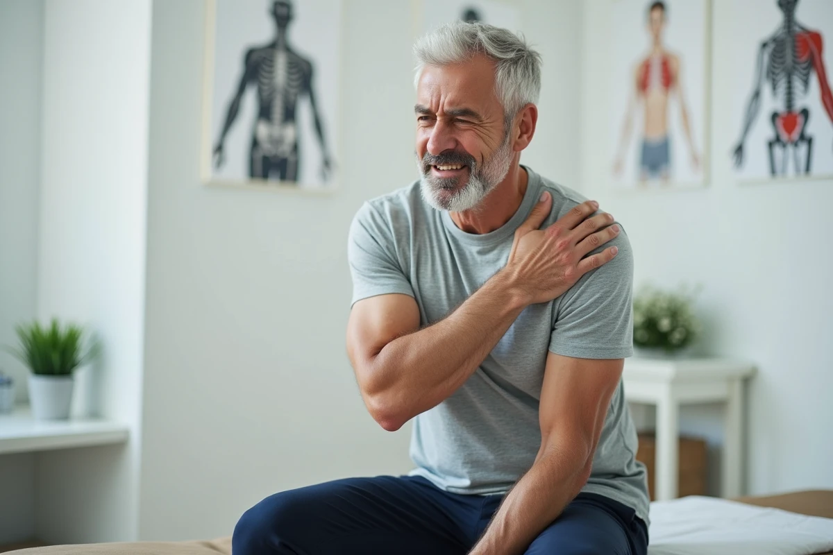 Homme d'âge mûr tenant son épaule douloureuse lors d'une consultation en cabinet de kinésithérapie, illustrant une lésion du tendon supra épineux