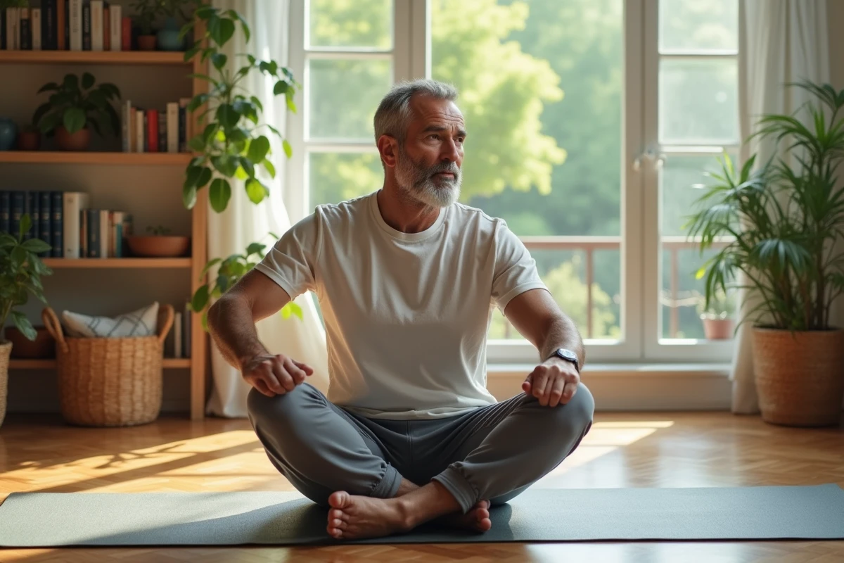 Homme faisant un &eacute;tirement lat&eacute;ral en yoga dans le salon