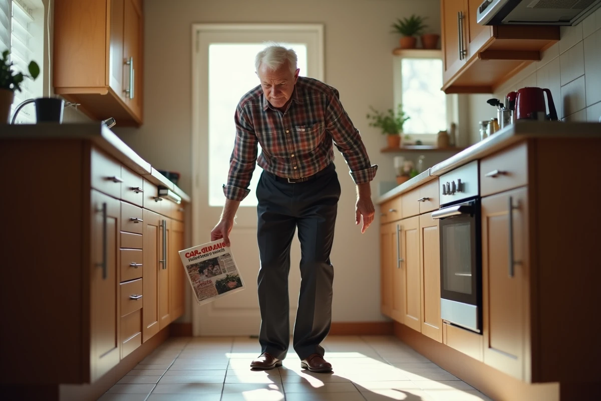 Homme agee ramassant un magazine dans la cuisine