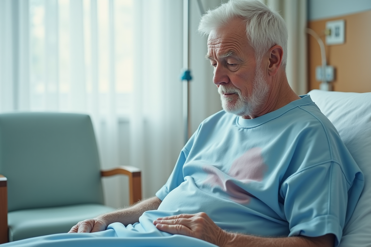 Homme âgé assis sur un lit d