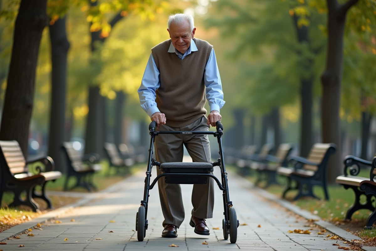 Homme âgé utilisant un rollator dans un parc