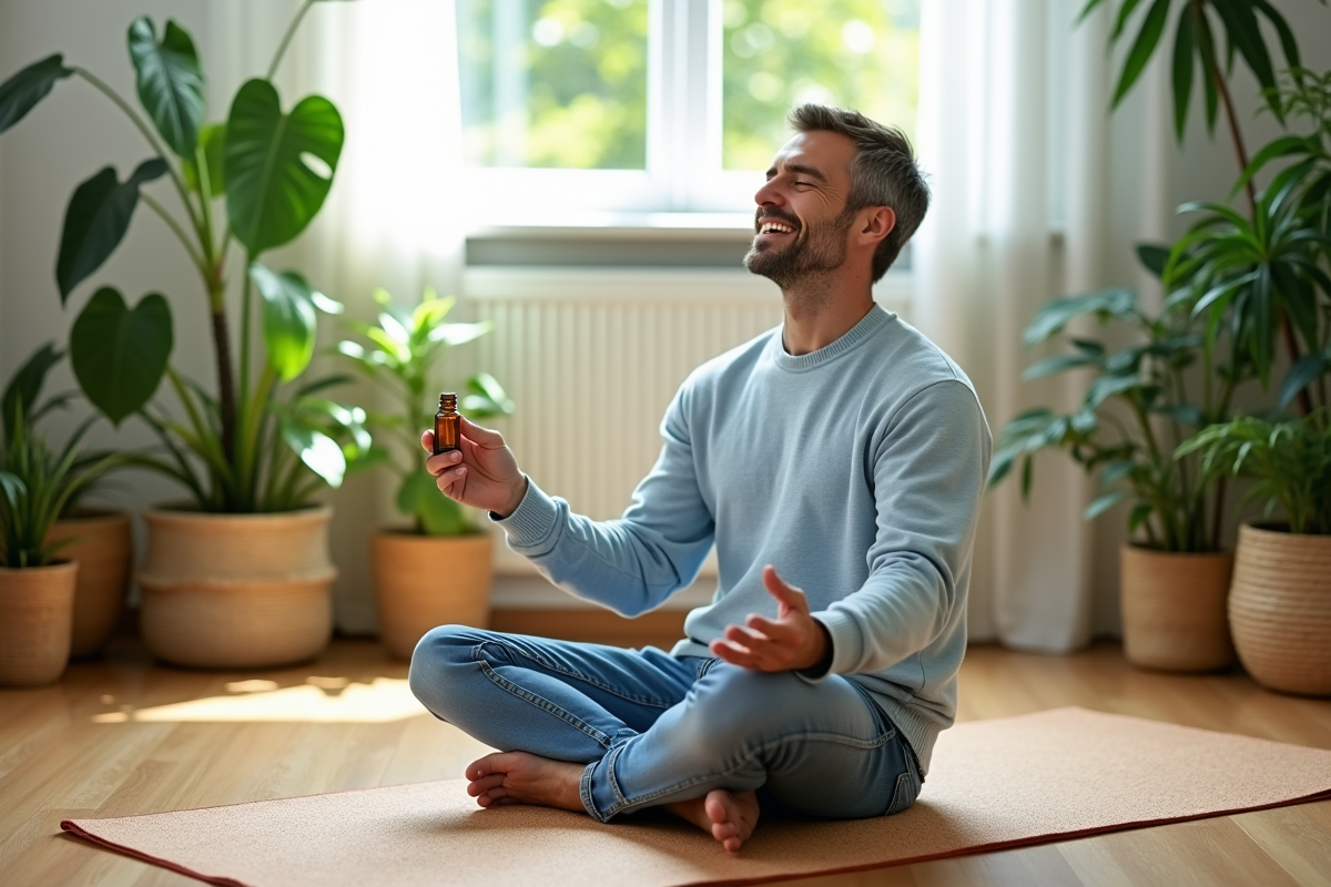 Homme méditant avec huile essentielle dans un espace vert