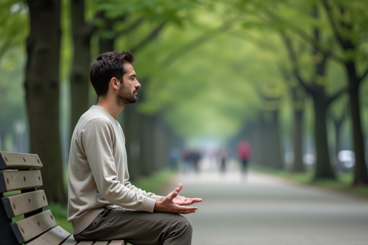 Jeune homme faisant des exercices de respiration sur un banc de parc