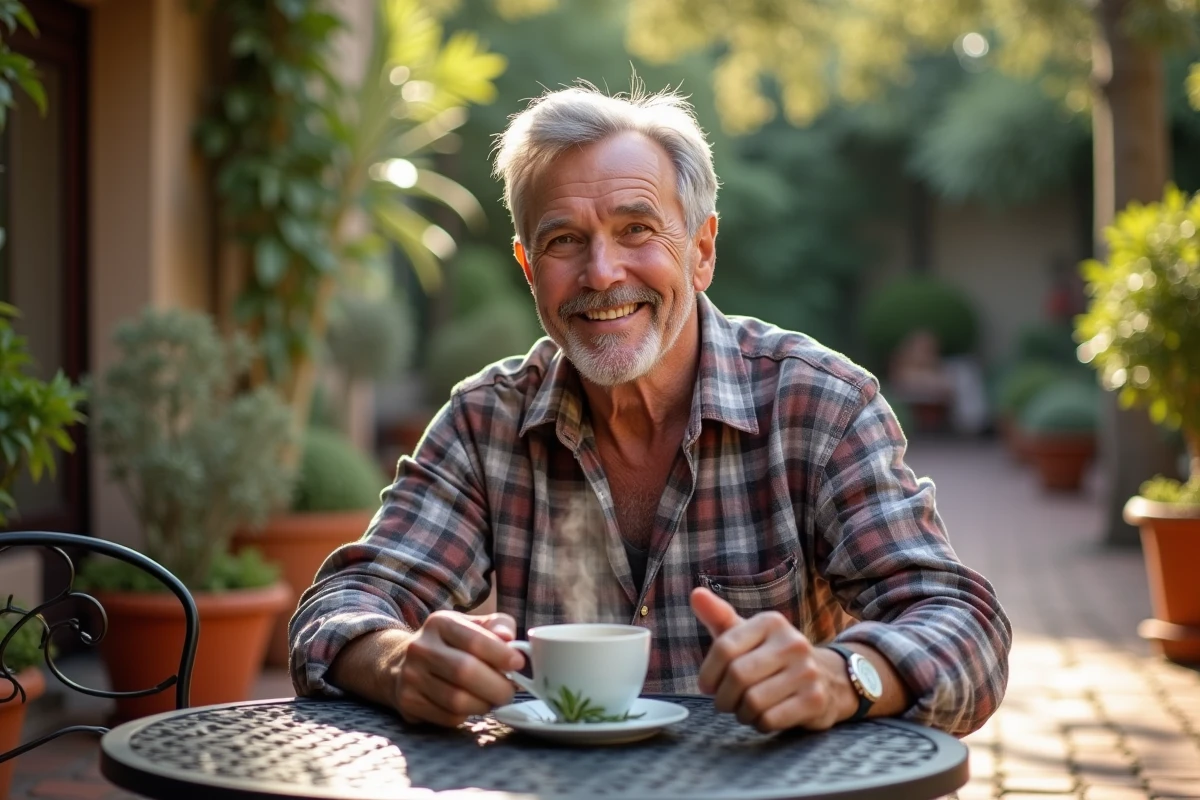 Homme &acirc;g&eacute; d&eacute;gustant infusion de romarin en ext&eacute;rieur
