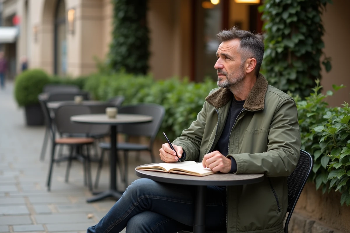 Homme méditatif écrivant dans un journal dans un café en terrasse, symbolisant la reconstruction intérieure après le burn-out