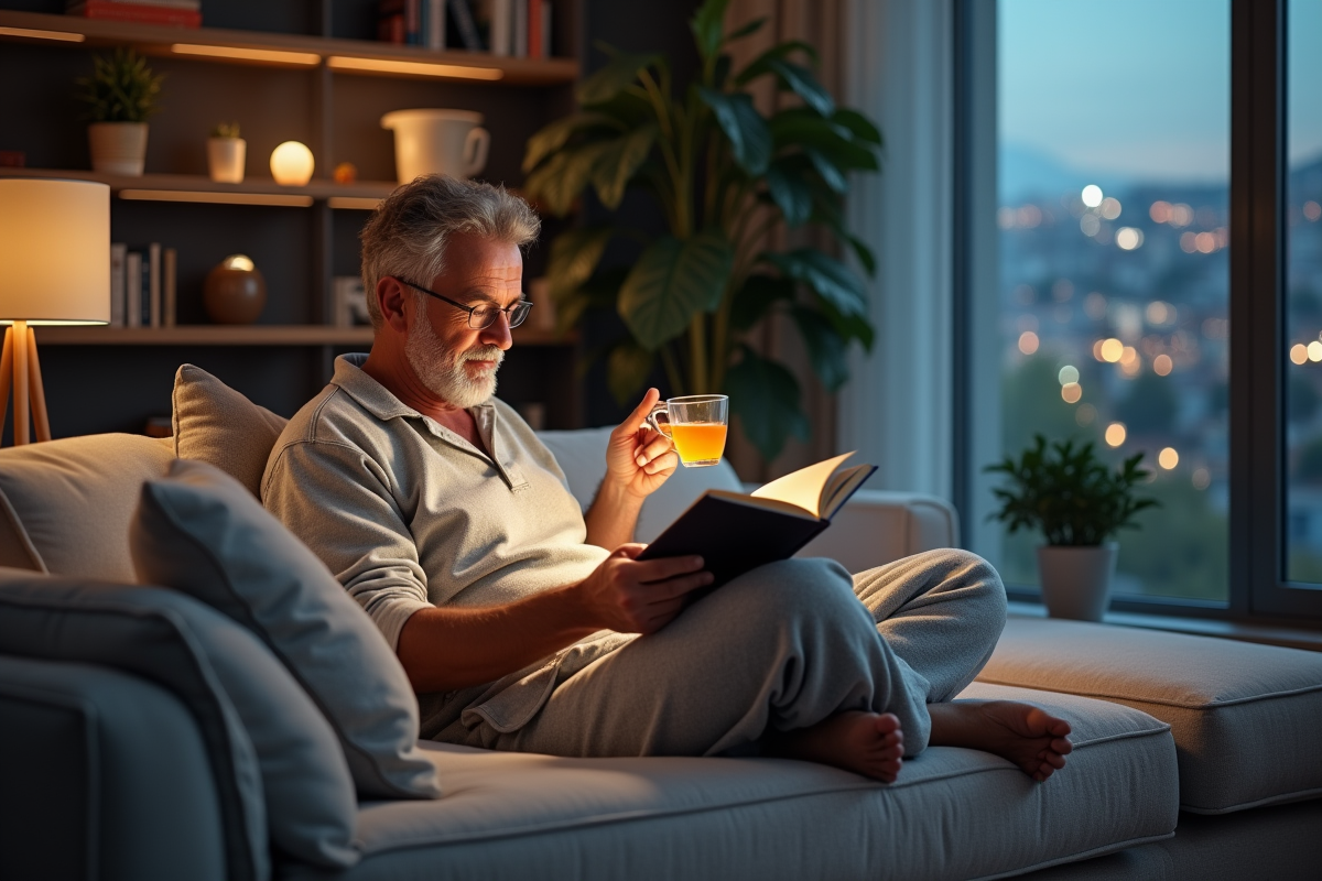 Homme lisant un livre sur le sommeil en buvant une tisane