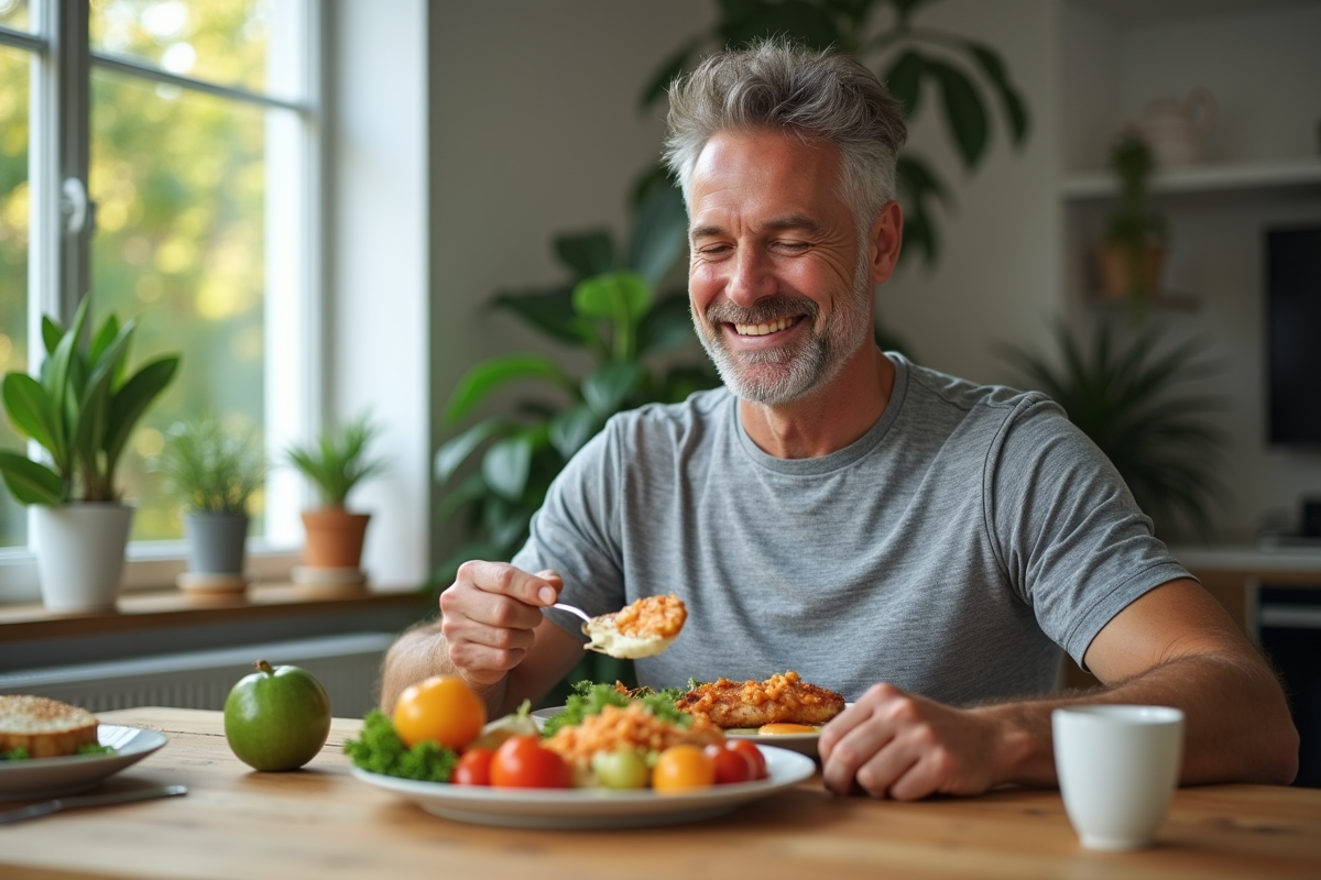 Homme souriant mangeant un repas équilibré à la maison