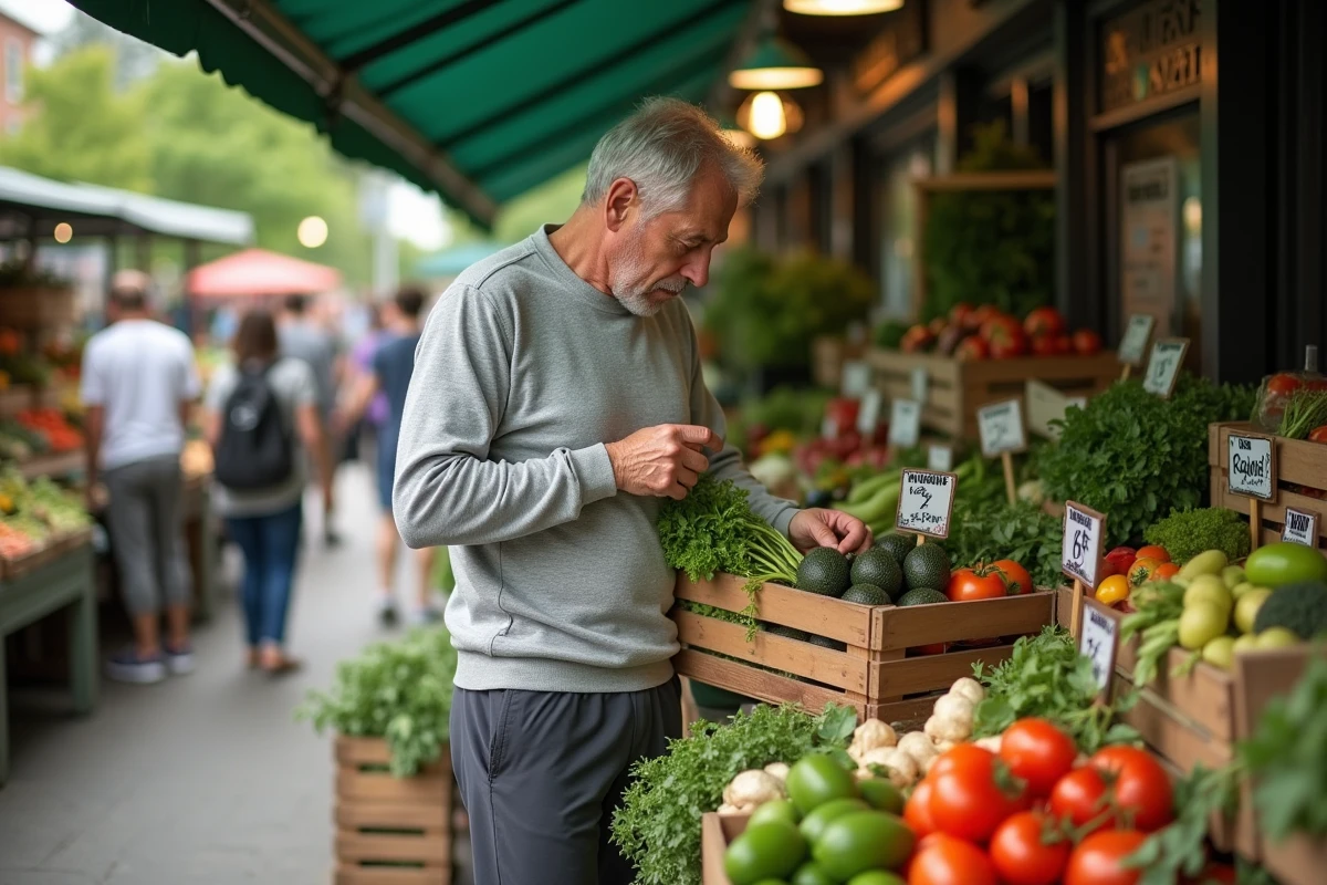 Homme au march&eacute; avec panier de produits antiinflammatoires frais