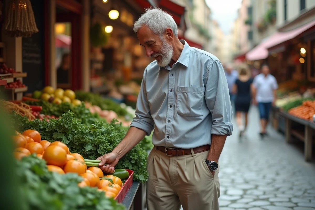 Homme faisant ses courses dans un marché en plein air