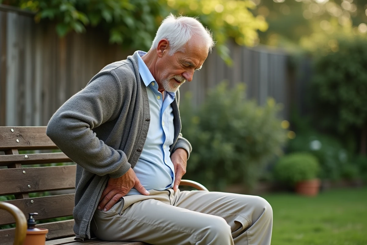 Homme se massant le dos dans un jardin en &eacute;t&eacute;