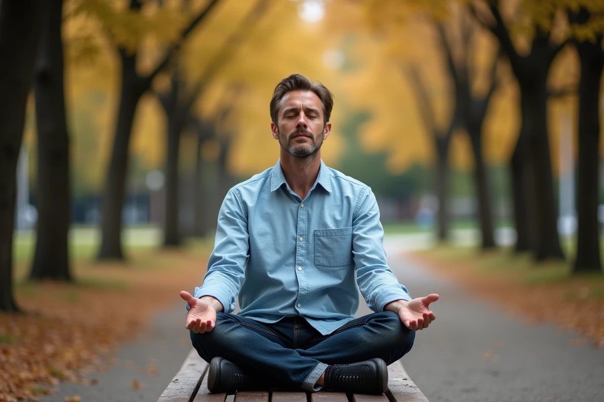 Homme en pleine méditation de plein conscience sur un banc dans un parc automnal, représentant les bienfaits de la psychologie positive sur le bien-être personnel