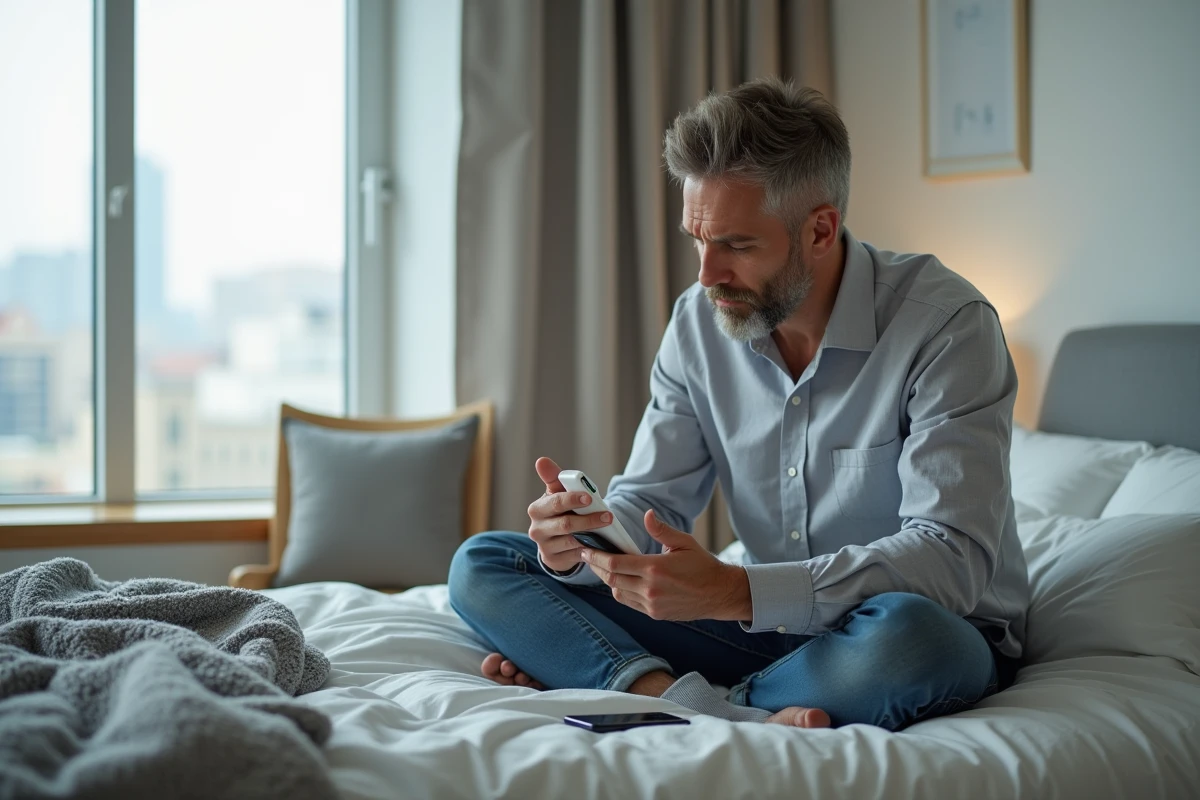 Homme pensif avec thermometre dans une chambre moderne