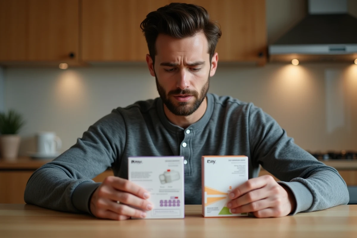 Homme lisant la notice d'un médicament probiotique ULTRA levure à côté d'antibiotiques sur une table de cuisine