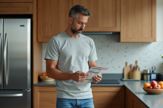 Homme belge lisant une étiquette nutrition dans la cuisine