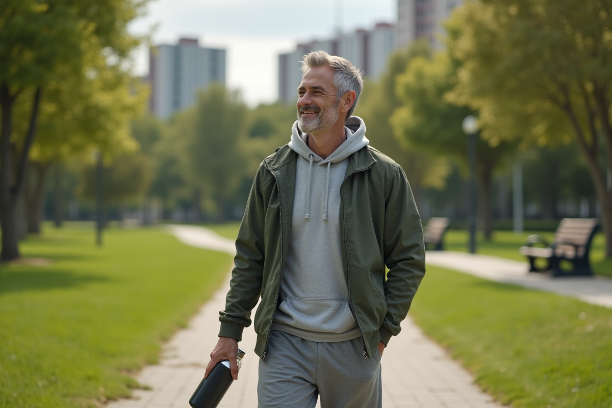 Homme détendu marchant dans un parc urbain verdoyant