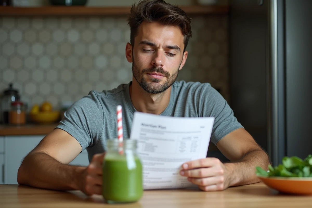 Homme consultant un plan nutritionnel pour réduire les transaminases avec un smoothie vert détoxifiant