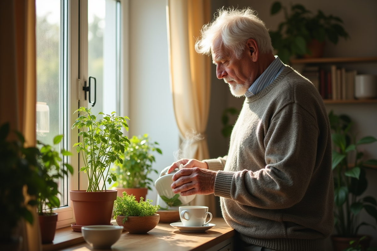 Homme âgé préparant une infusion aux plantes près de la fenêtre