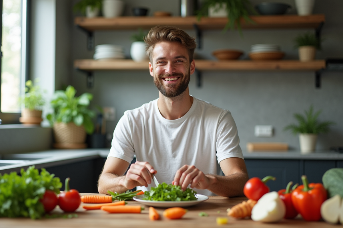 Jeune homme préparant une salade dans une cuisine moderne