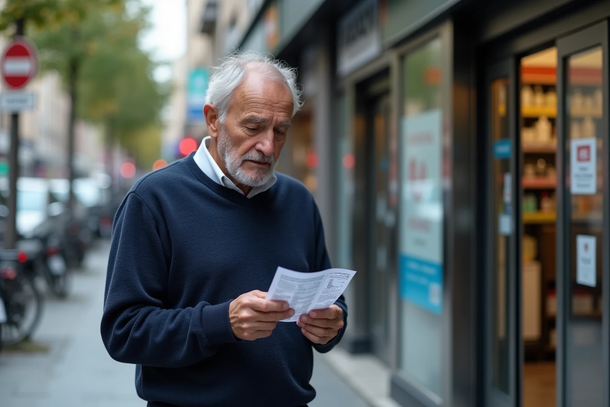 Homme &acirc;g&eacute; regarde ses re&ccedil;us devant une pharmacie urbaine