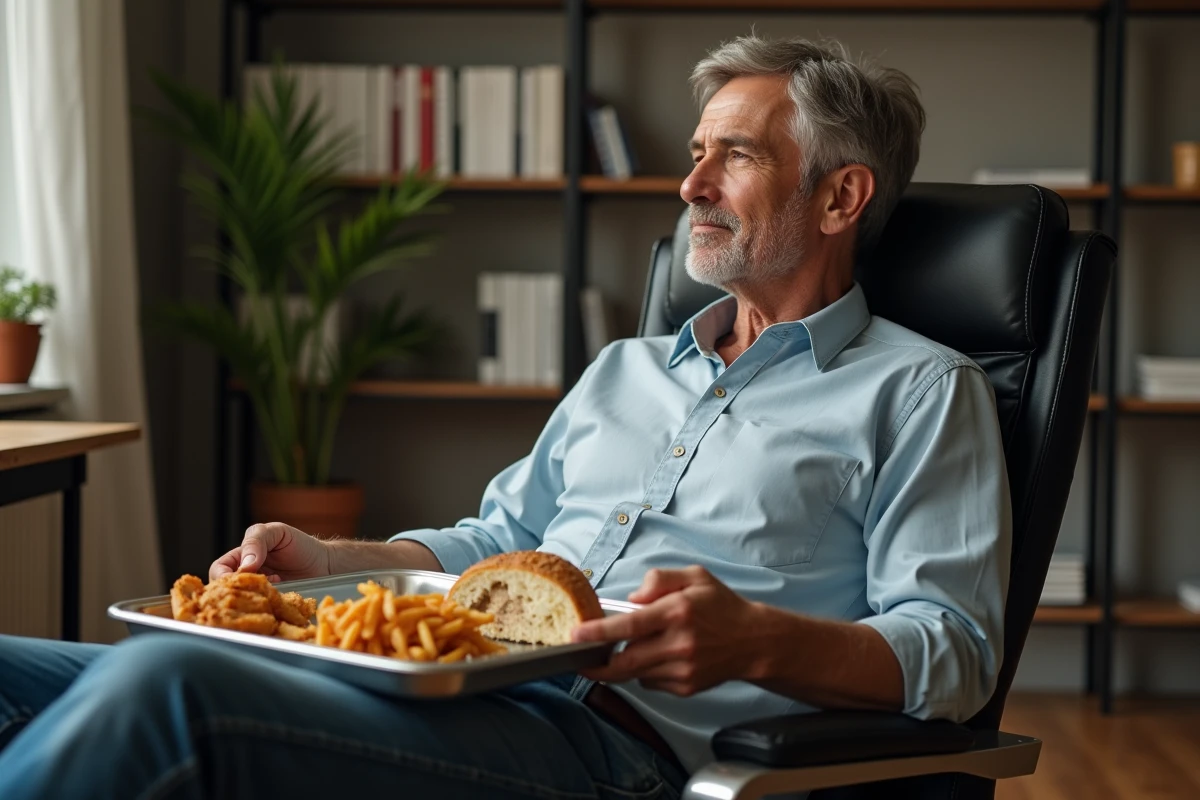 Homme d&eacute;tendu avec plateau repas dans un bureau &agrave; domicile