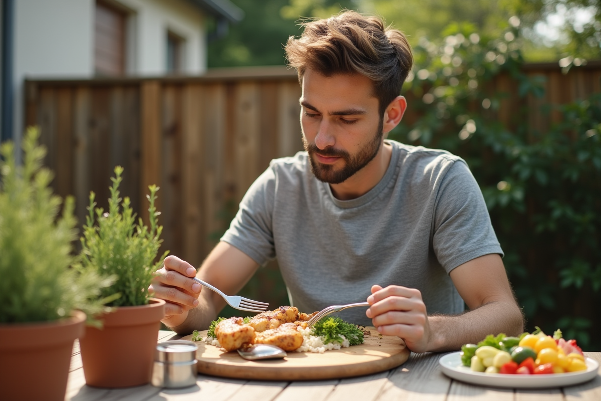 Jeune homme mangeant un repas équilibré en extérieur sur une terrasse