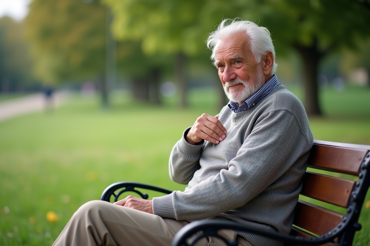 Homme âgé assis sur un banc dans un parc en se massant l