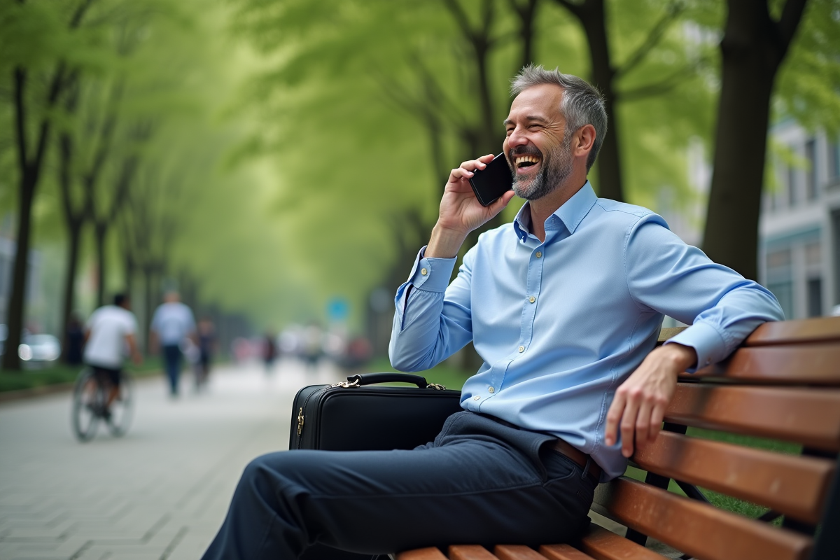 Homme riant sur un banc de parc en ville