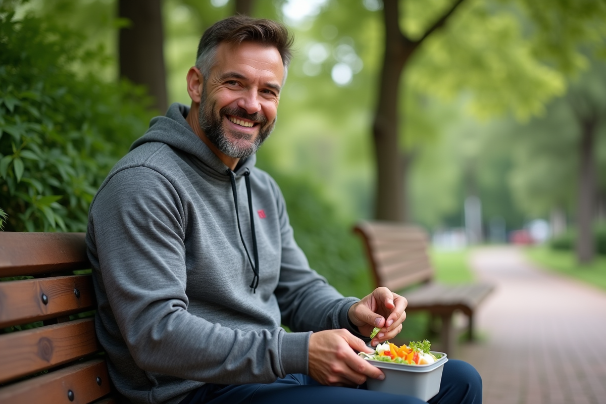 Homme en plein air dégustant une salade dans un parc