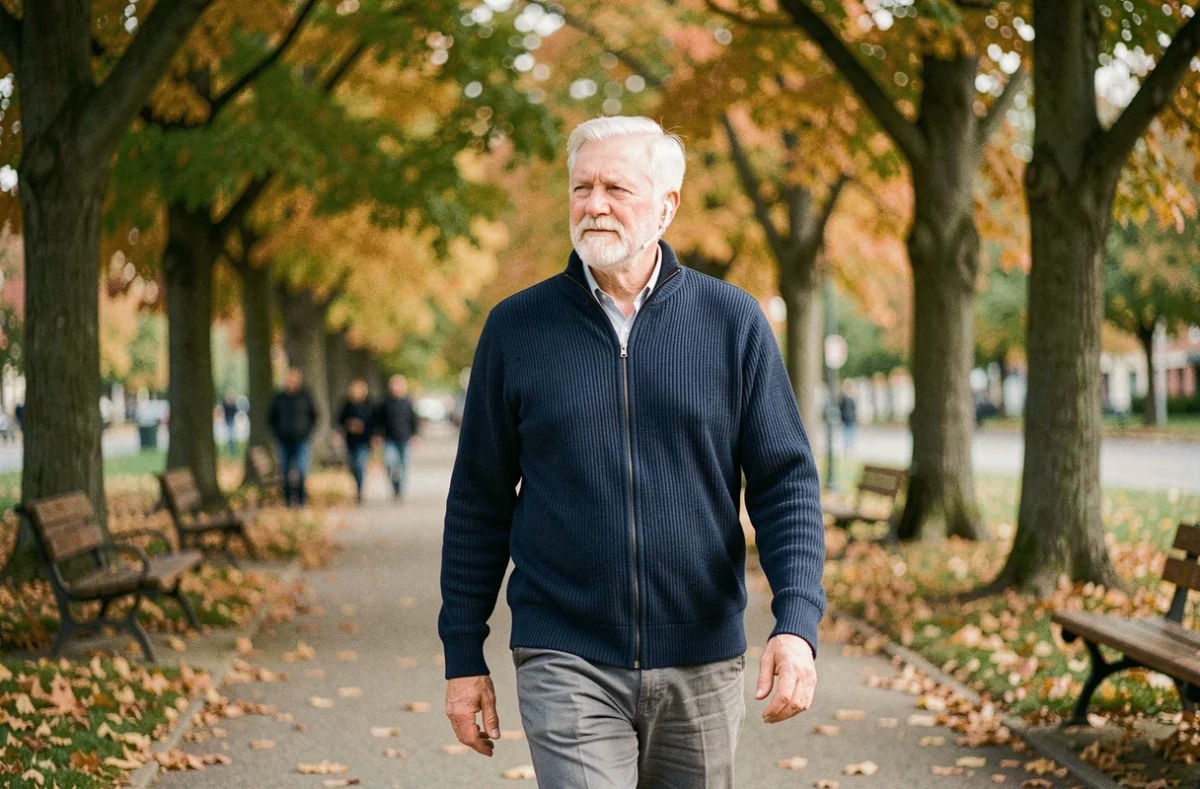 Homme âgé portant un appareil auditif invisible en promenade dans un parc en automne, symbolisant la liberté et le confort avec Amplifon