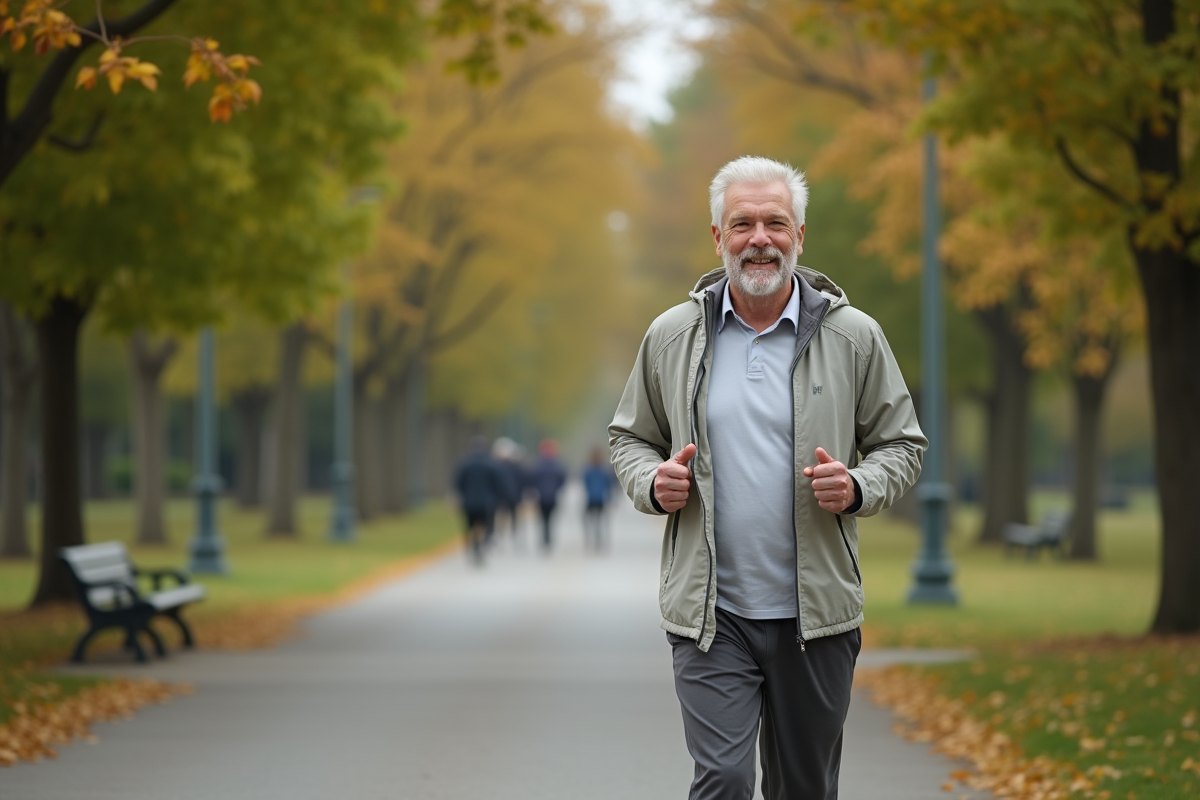 Homme senior marchant dans un parc en automne