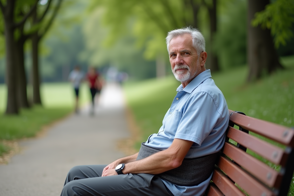 Homme avec ceinture dorsale assis sur un banc dans un parc