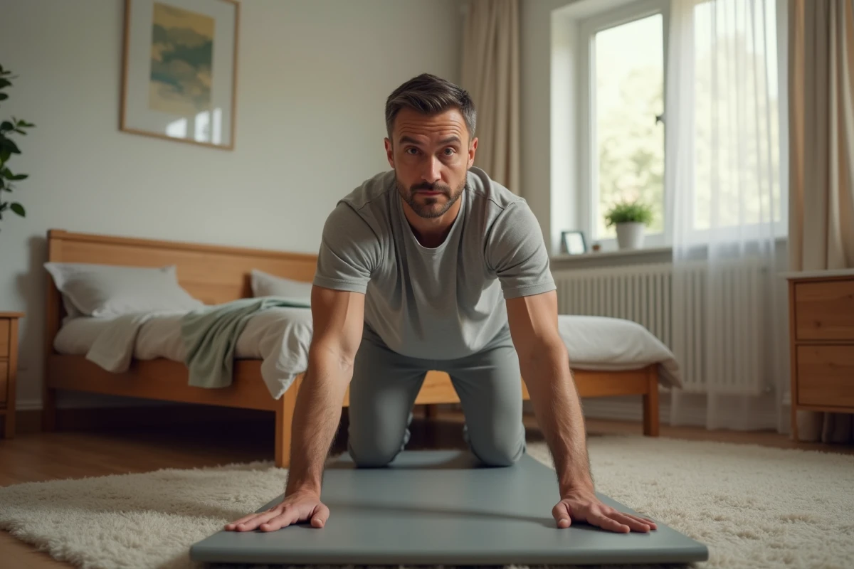 Homme d age moyen en tenue de sport fait un &eacute;tirement dans sa chambre