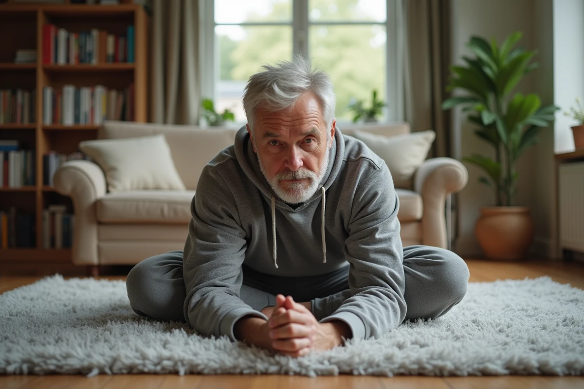 Homme en posture de yoga dans un salon cosy