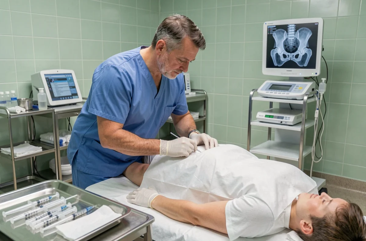 Médecin réalisant une infiltration du sacrum sur un patient en salle de procédure médicale