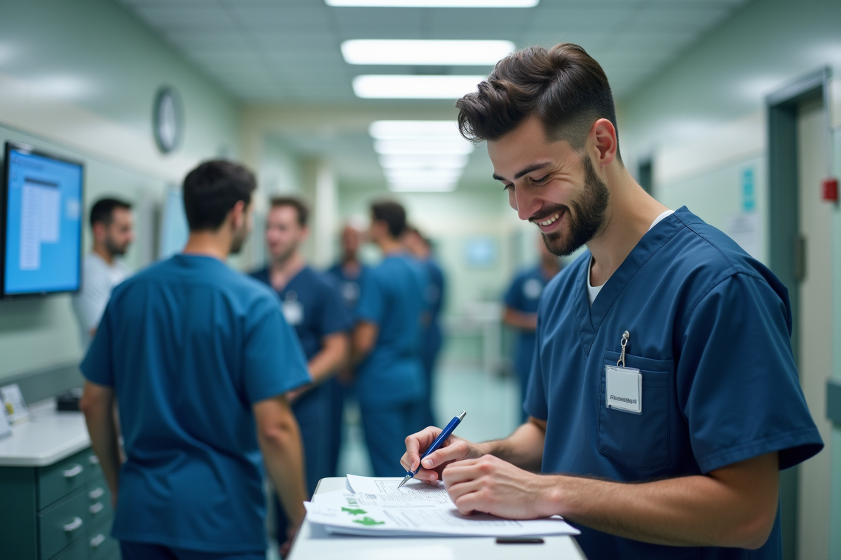 Jeune infirmier enregistrant des signes vitaux à la station de soins