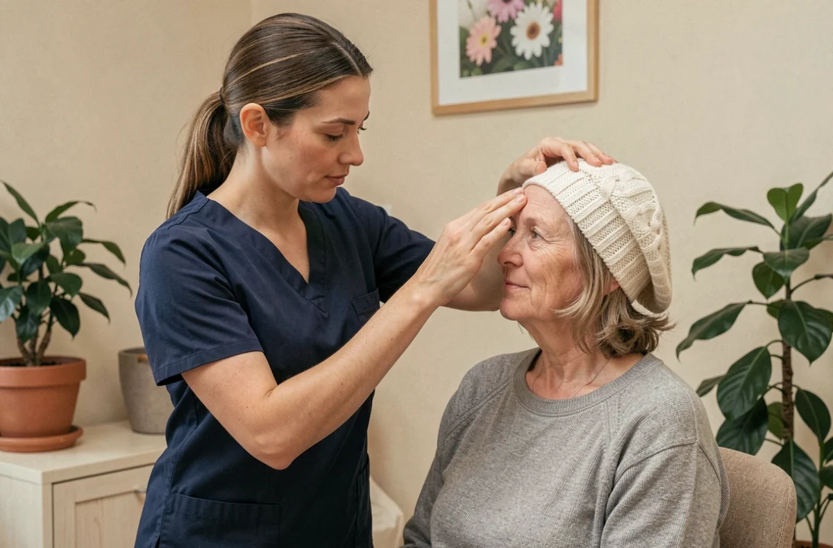 Infirmière aidant une patiente sous chimiothérapie à porter un bonnet de protection pour limiter la chute des cheveux