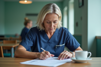 Infirmière en blouse bleue consulte un document de salaire