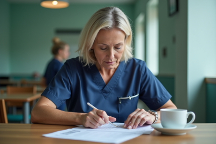 Infirmière en blouse bleue consulte un document de salaire